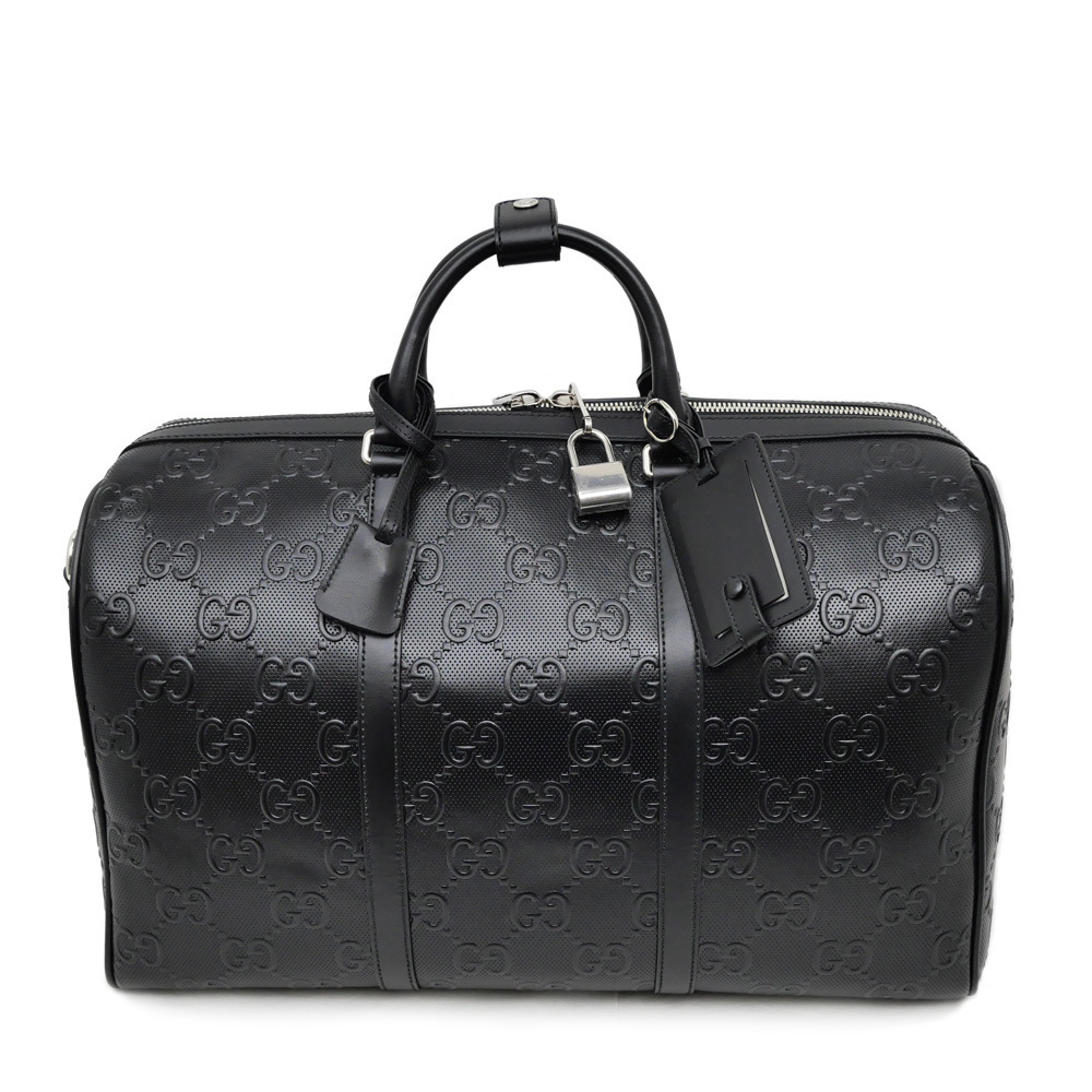 Gucci Gg Embossed Boston Bag Black Leather Shoulder Strap
